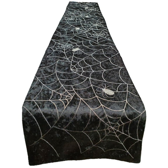 Shimmering Velvet Embroidered Web Table Runner 13Wx72L-Black and White
