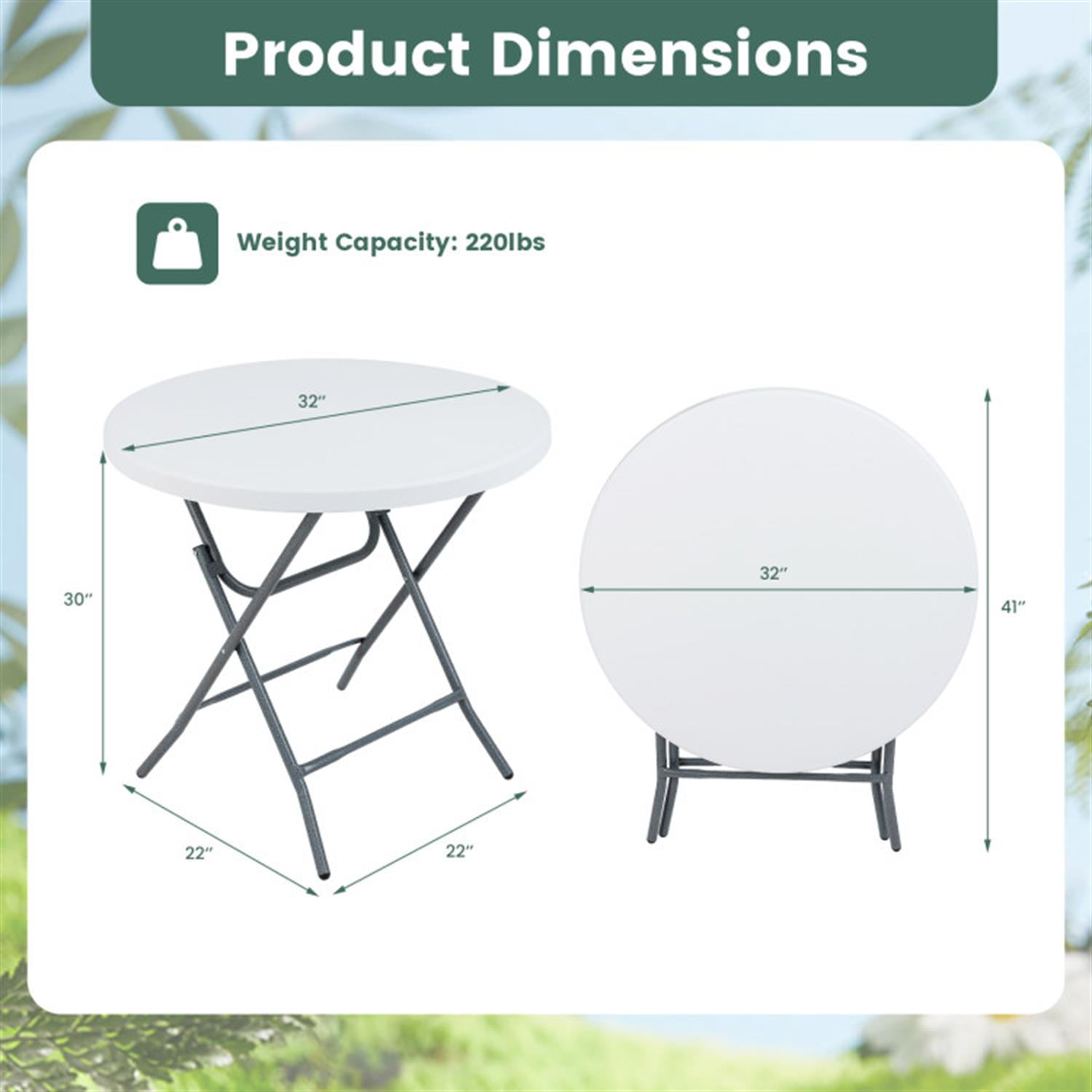 Demi Bonn 32" Round Folding Table with Thick Tabletop for Picnic fordoor Outdoor, Portable Plastic Dining Party Camping Table, White