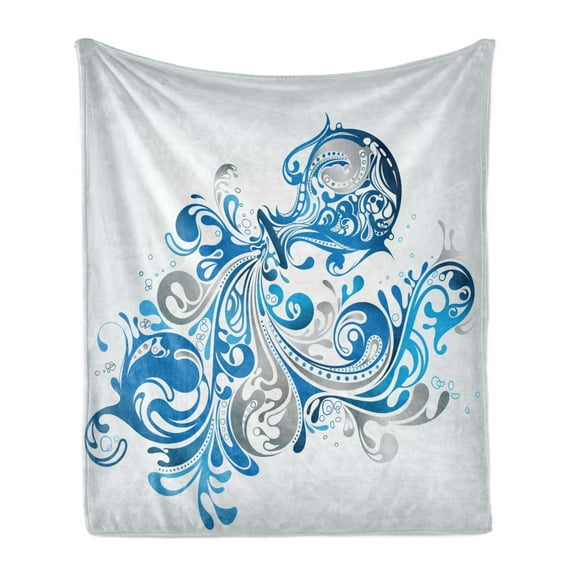Zodiac Aquarius Soft Flannel Fleece Throw Blanket, Bucket with Ornamental Swirled Lines Scroll Horoscope, Cozy Plush for Indoor and Outdoor Use, 70" x 90", Grey Grey Cobalt Blue, by Ambesonne