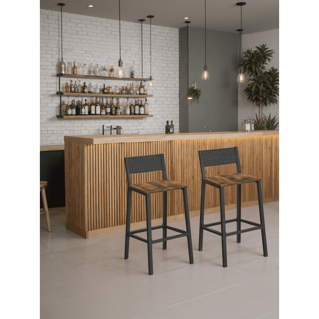 VASAGLE Taburete de Bar, Juego de 2, Taburetes Altos de Cocina, para Cocina, Comedor, Oficina, Estilo Industrial, Marrón Rústico y Negro