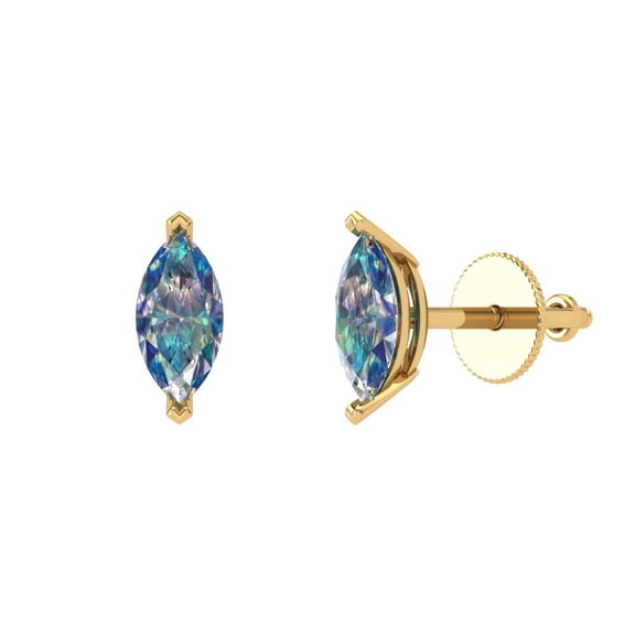 1 ct Screw-Back Stud Earrings for Women | 8x4mm Marquise Cut Blue Moissanite | 18K Yellow Gold