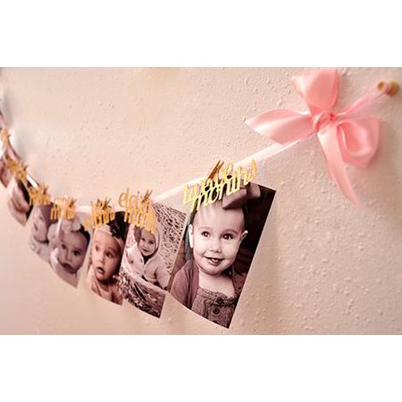 First Birthday Banners - Pink and Gold First Birthday Decorations. Ships in 1-3 Business Days. 12 Month Photo Banner. First Birthday Garland.