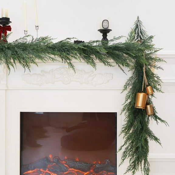 Guvpev 6FT Artificial Cedar Garland, Real Touch Christmas Pine Garland, Indoor & Outdoor Xmas Greenery Garlands for Holiday, Mantel, Table, Stairs, Fireplace, Porch, Wall, Christmas Decorations