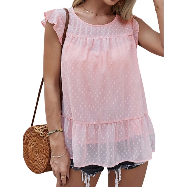 Women Polka Dots Printed Ruffled Hem Crew Neck Cap Sleeves Summer Shirt