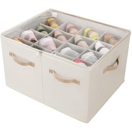 Shoe Organizer for Closet Foldable Shoe Box with Adjustable Dividers and Clear Cover Space Saving Shoe Storage Organizer Cabinet with Reinforced Handles Fits 16 Pairs Beige TP09Y