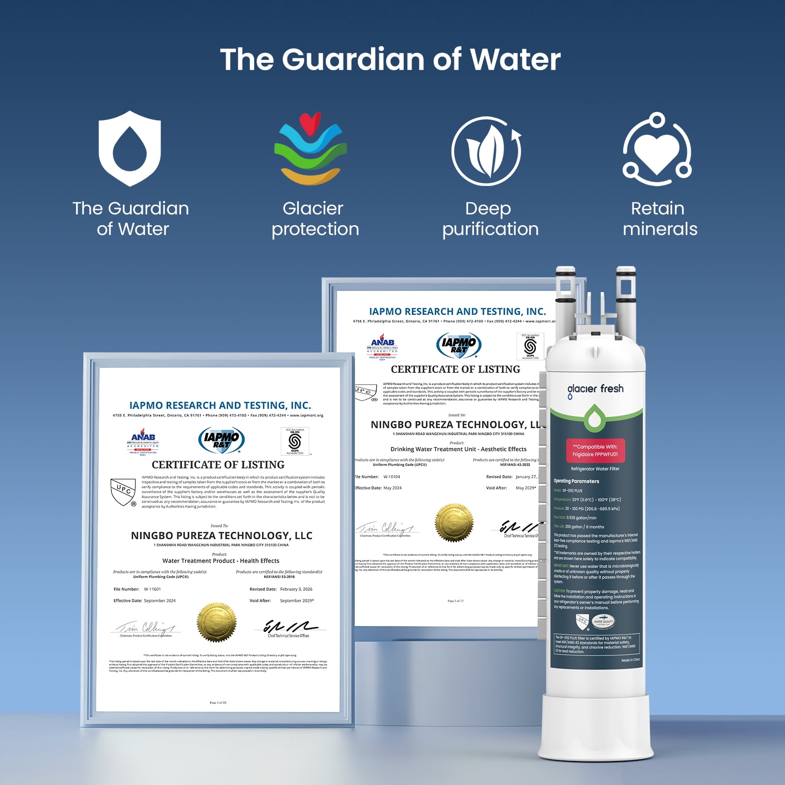 GLACIER FRESH FPPWFU01 Refrigerator Water Filter,NSF/ANSI 53 & 372 Certified,Replacement for Frigidaire PurePour FPPWFU01,Compatible with Electrolux EPPWFU01,PureAdvantage PWF-1, 1 Pack