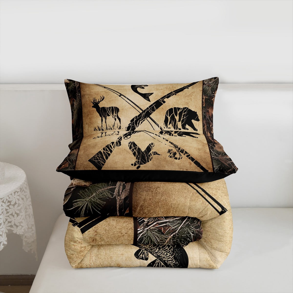 Hunting And Fishing Comforter Set Queen Tree Branch Camo Bedding Set Teen Men,Woodland Wildlife Bass Fish Duck Bear Deer Bed Comforter Set Rustic Farmhouse Cabin Quilt Set