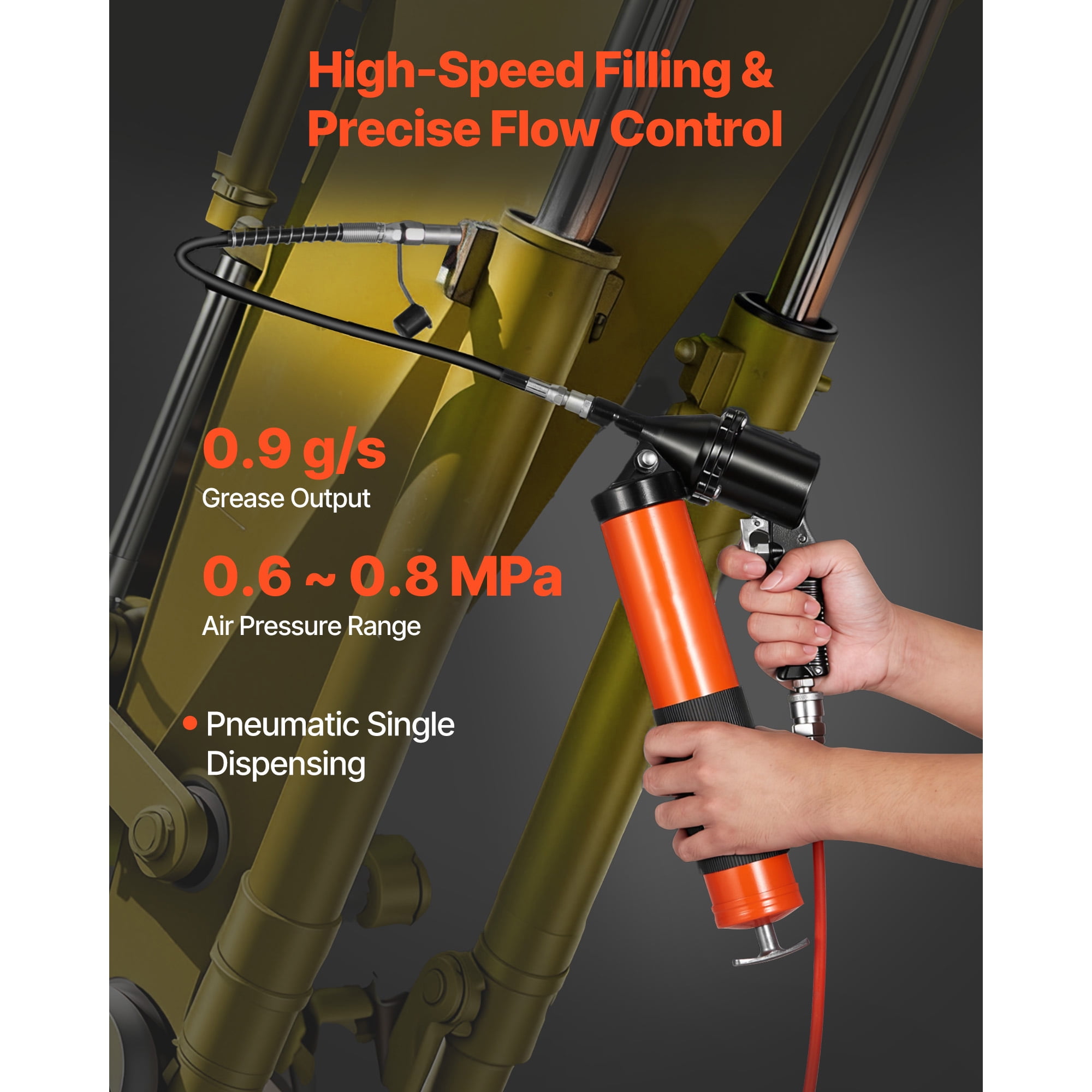 KFFKFF Heavy Duty Grease Gun, 6000 PSI High Pressure, Pistol Grip Design with 14 oz Capacity, Includes 18-Inch Flexible Hose, Rigid Extension Pipe, and Flat Nozzles for Automotive Use