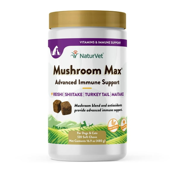NaturVet Mushroom Max Advanced Immune Support Dog Supplement â Helps Strengthen Immunity, Overall Health for Dogs â Includes Shitake Mushrooms, Reishi, Turkey Tail â 120 Ct.