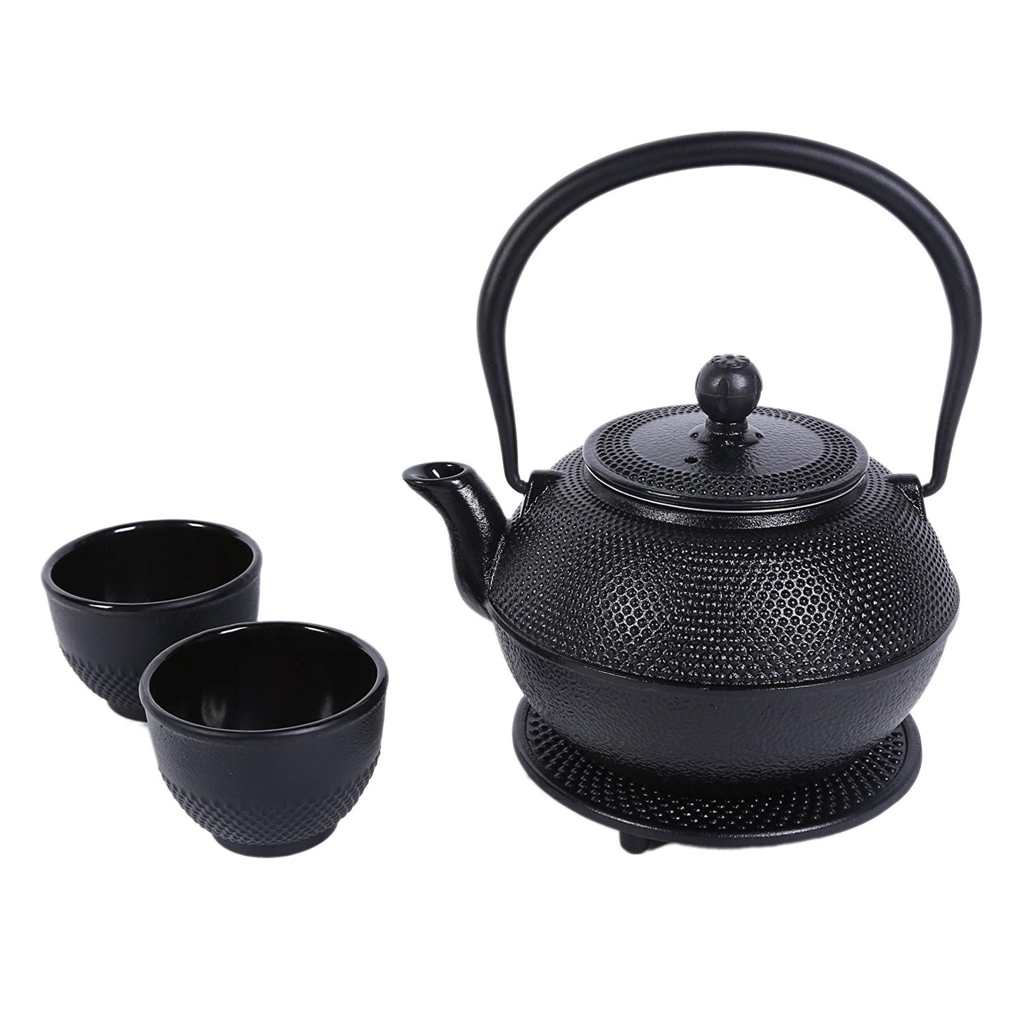 Black Cast Iron Tea Kettle Set for 2 Contemporary Dutch Hobnail