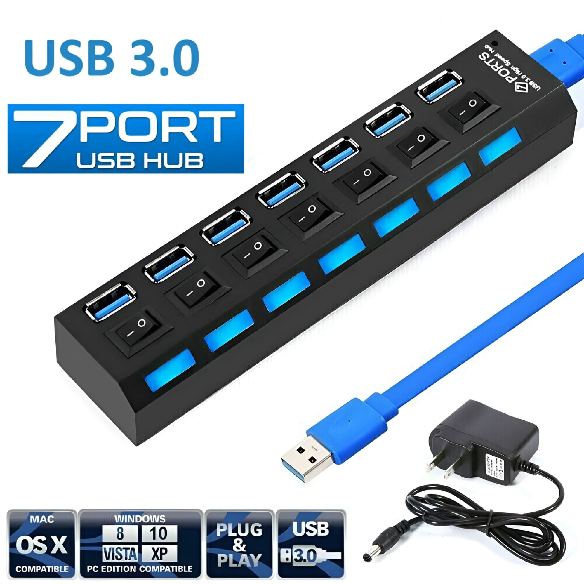 GJX 2026 New 7 Ports Usb 3.0 Hub Powered Splitter Extender with On/Off Switch and Adapter Cable for Desktop Laptop Computer Pc