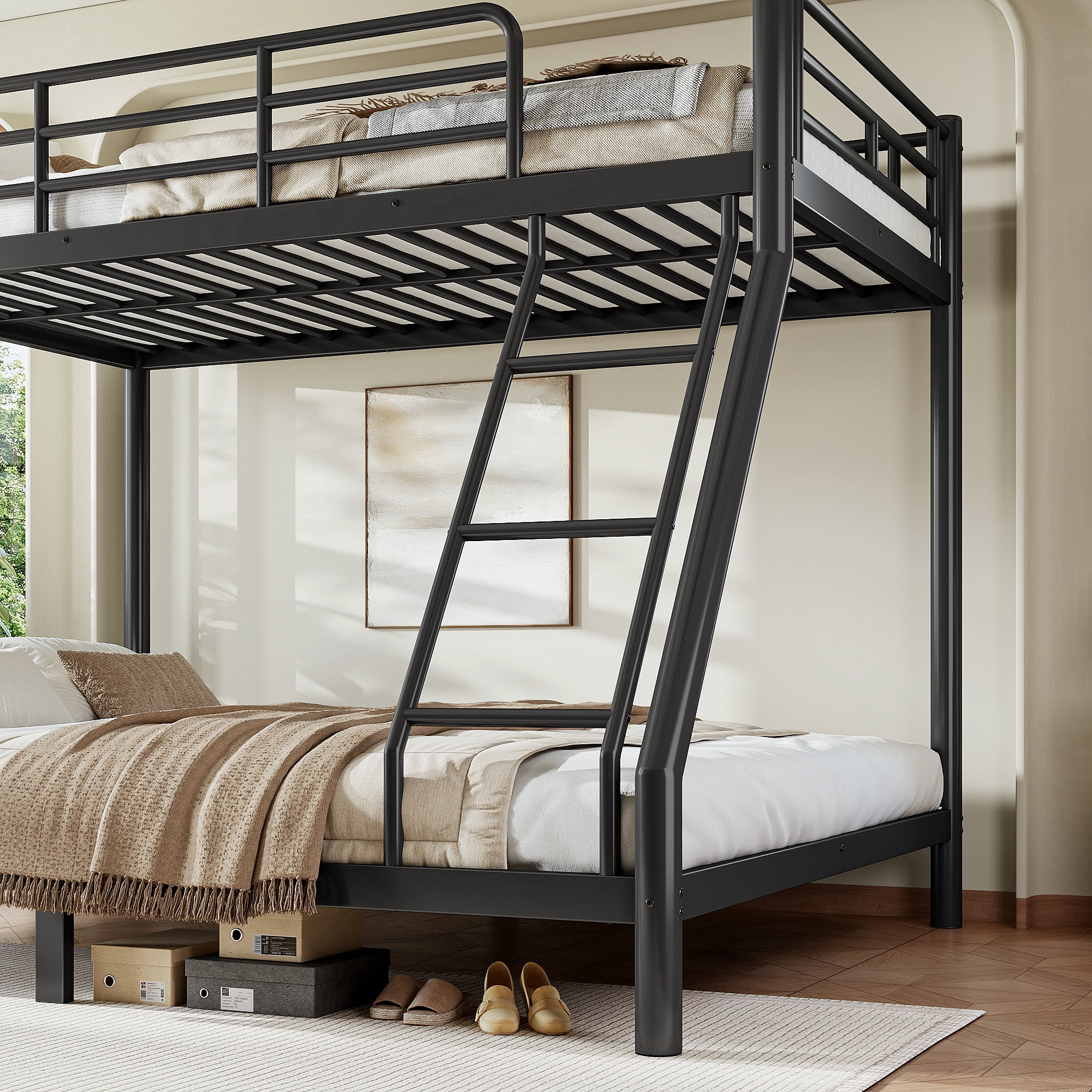 GARITIN Twin XL Over Queen Size Metal Bunk Bed 82.4 Inch, Bunk Bed Frame with Ladder and Guardrails for Teens Adults, Black