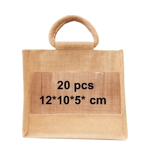 ATOTE Jute Gift Hamper Bag with Window, Natural Burlap Tote Bag for Wedding Return Gifts,10X12X5 IN, Set of 20 Pcs