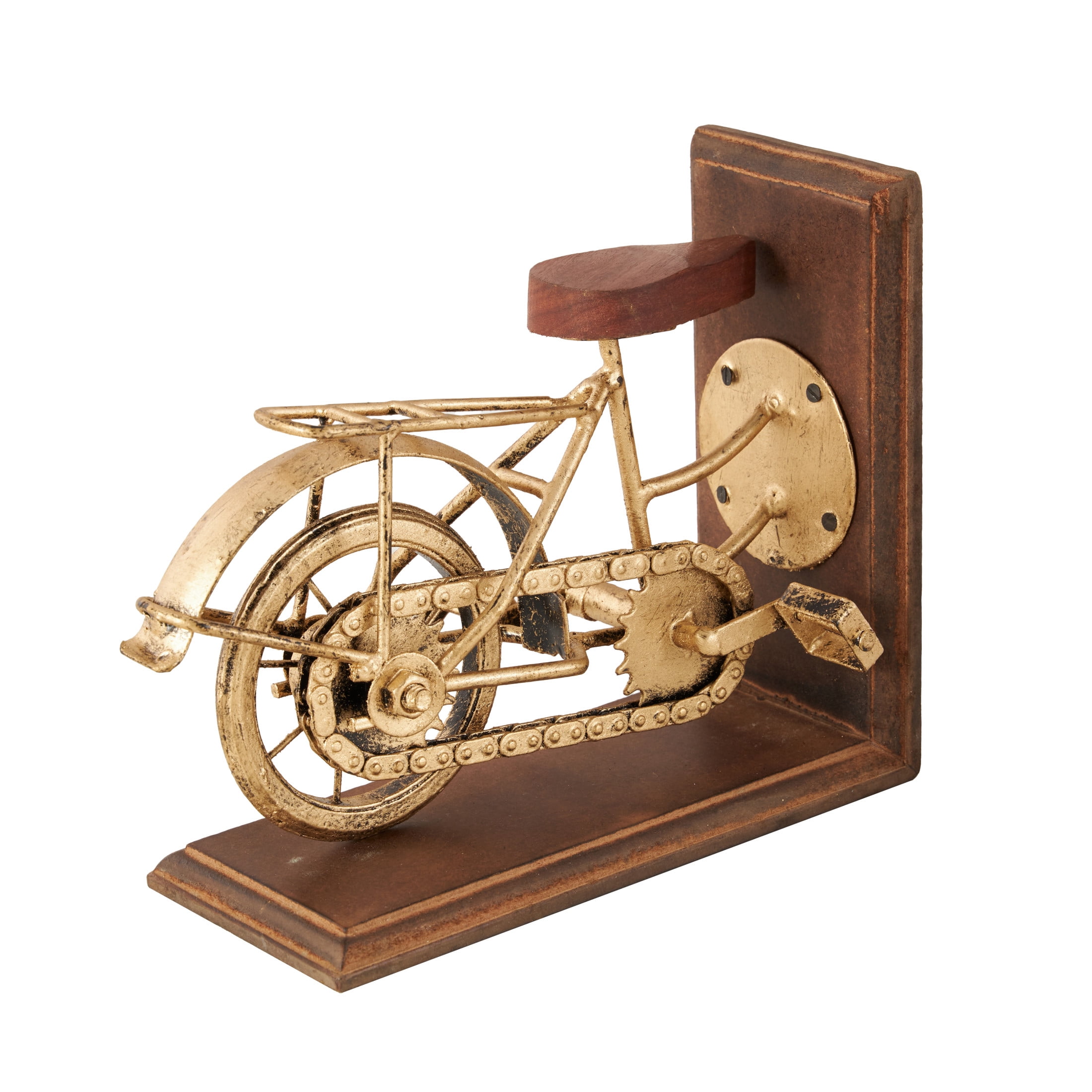 DecMode 7" Bike Brass Wood Bookends (Set of 2)
