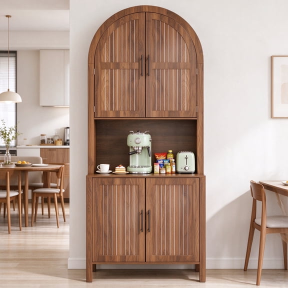 LUCKYELF Kitchen Pantry 76 Inch Modern Arched Large Storage Cupboard Buffet Sideboard Cabinet with Adjustable Shelves for Dining Living Room Walnut