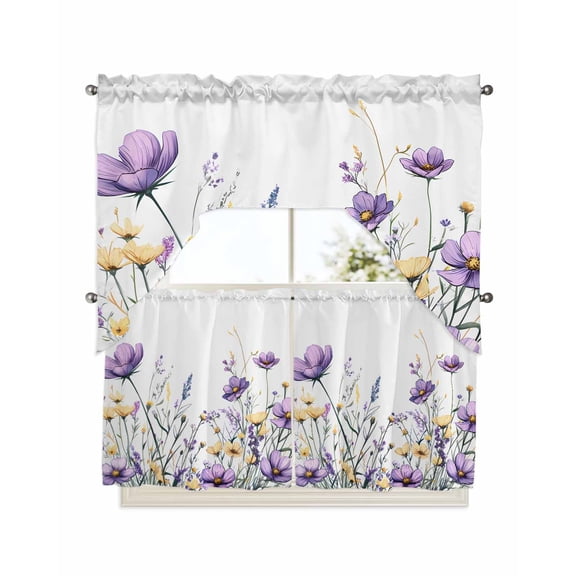 Purple Floral Spring Kitchen Curtain and Valance Set 3 Pieces, Rod Pocket Short Tier Curtains 24 Inch Length, Watercolor Summer Botanical Swag Topper Small Window Treatment for Cafe Bathroom Bedroom