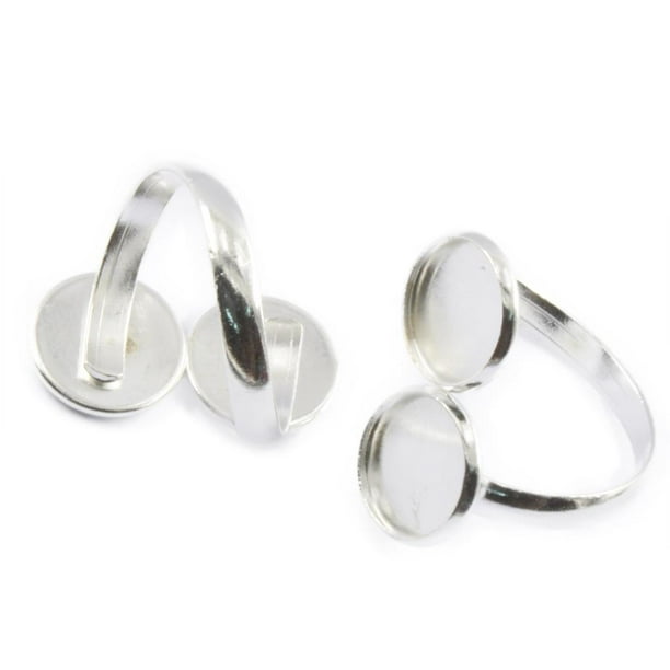 Paquete de 2 bases de anillo en blanco para armar tú mismo con 2 biseles de 12 mm, color blanco plateado.