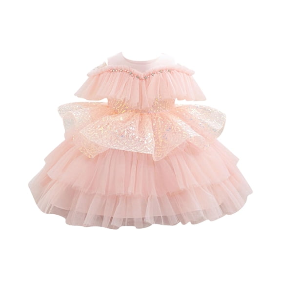 Fgnfyis Toddler Princess Dress Tutu Birthday Party Glitter Sequin Bow Formal Gown Toddler Dresses for Girls Light Pink 5-6 Years
