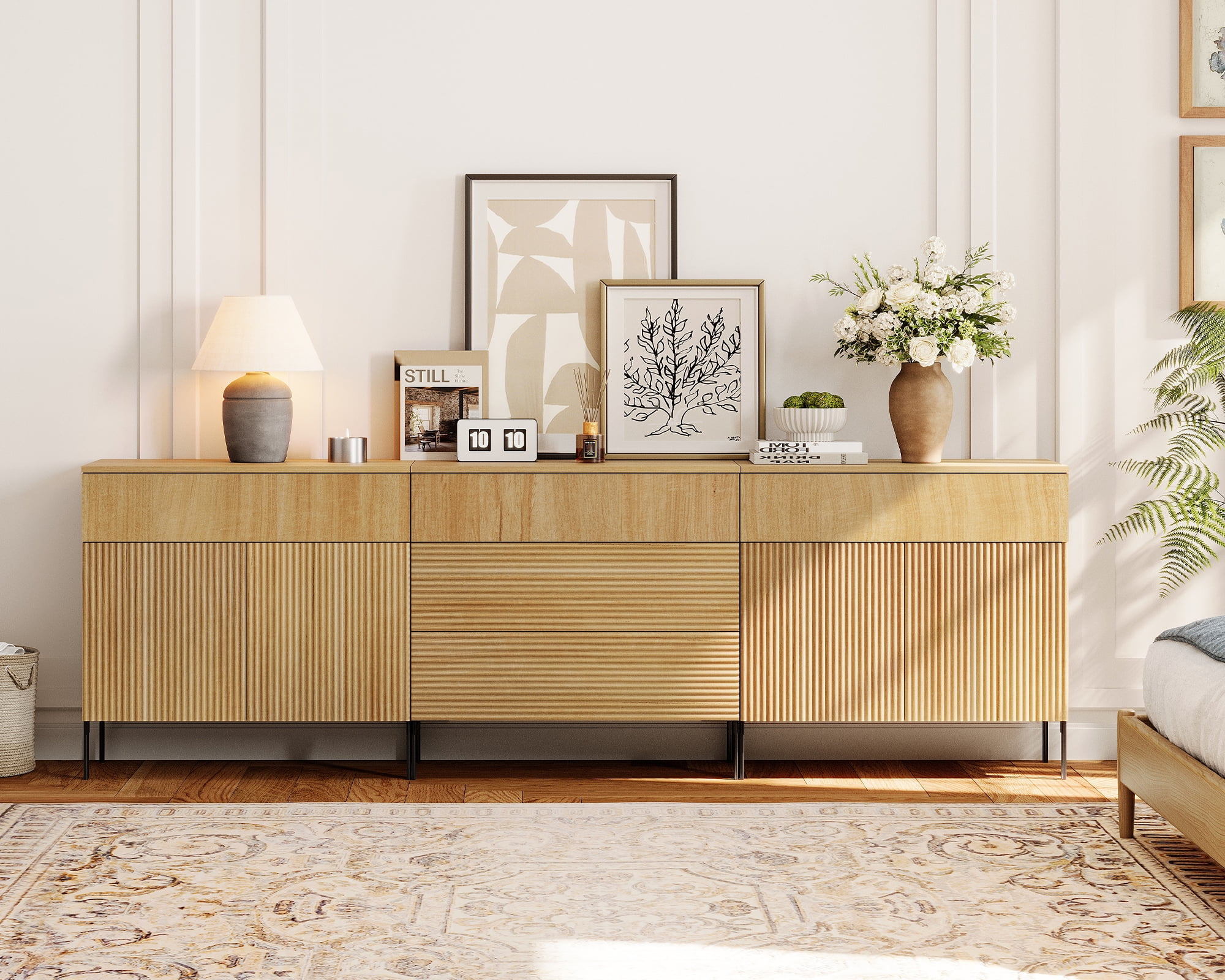 94.5" Modern Reeded 5-Drawer Dresser Set for Bedroom, Minimalist Chest of Drawers with Storage, Wooden Dresser for Living Room, Bedroom, Entryway