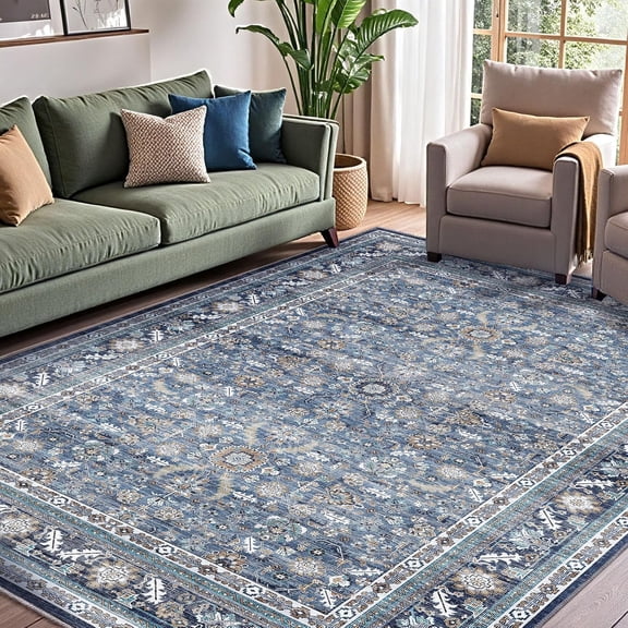 Thin Vintage Blue Area Rugs 5x7, 5 x 7 Retro Washable Rug Non Slip, Low-Pile Faux Wool Carpet, Distressed Navy Floor Mat for Living Room, Bedroom, Kitchen, Office, Dorm, Dinning Room
