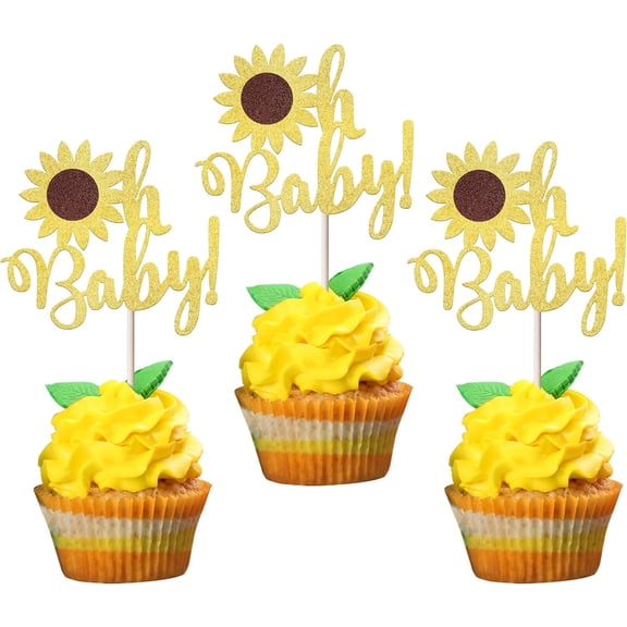 12Pcs Sunflower Oh Baby Cupcake Toppers, Gold Glitter Picks for Baby Shower Gender Reveal Party Decorations
