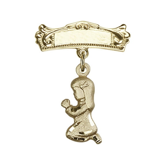Gold Filled Baby Badge with Praying Girl Charm and Arched Polished Badge Pin 1 X 3/4 inches