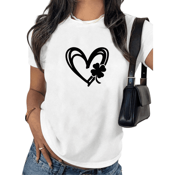 Women Black Heart Clover St Patricks Day Cotton Graphic Top Round-neck Printed Cotton T Shirt White S-5XL