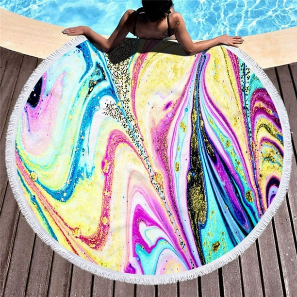 Aimtyd Thick Round Beach Towel Oversized Blanket Microfiber Fabric With Cotton Tassels Fringe modern Abstract Color Print 60 Inch Thick Circle Large S