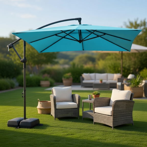 8 ft x 8 ft Offset Cantilever Patio Umbrella,Square Hanging Outdoor Market Umbrella with 360° Rotation, Turquoise Polyes