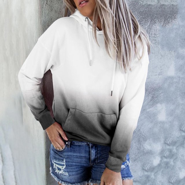 Simua Sweat à Capuche Mode pour Femmes Manches Longues Dégradé de Couleur Chandail Ample avec Poche