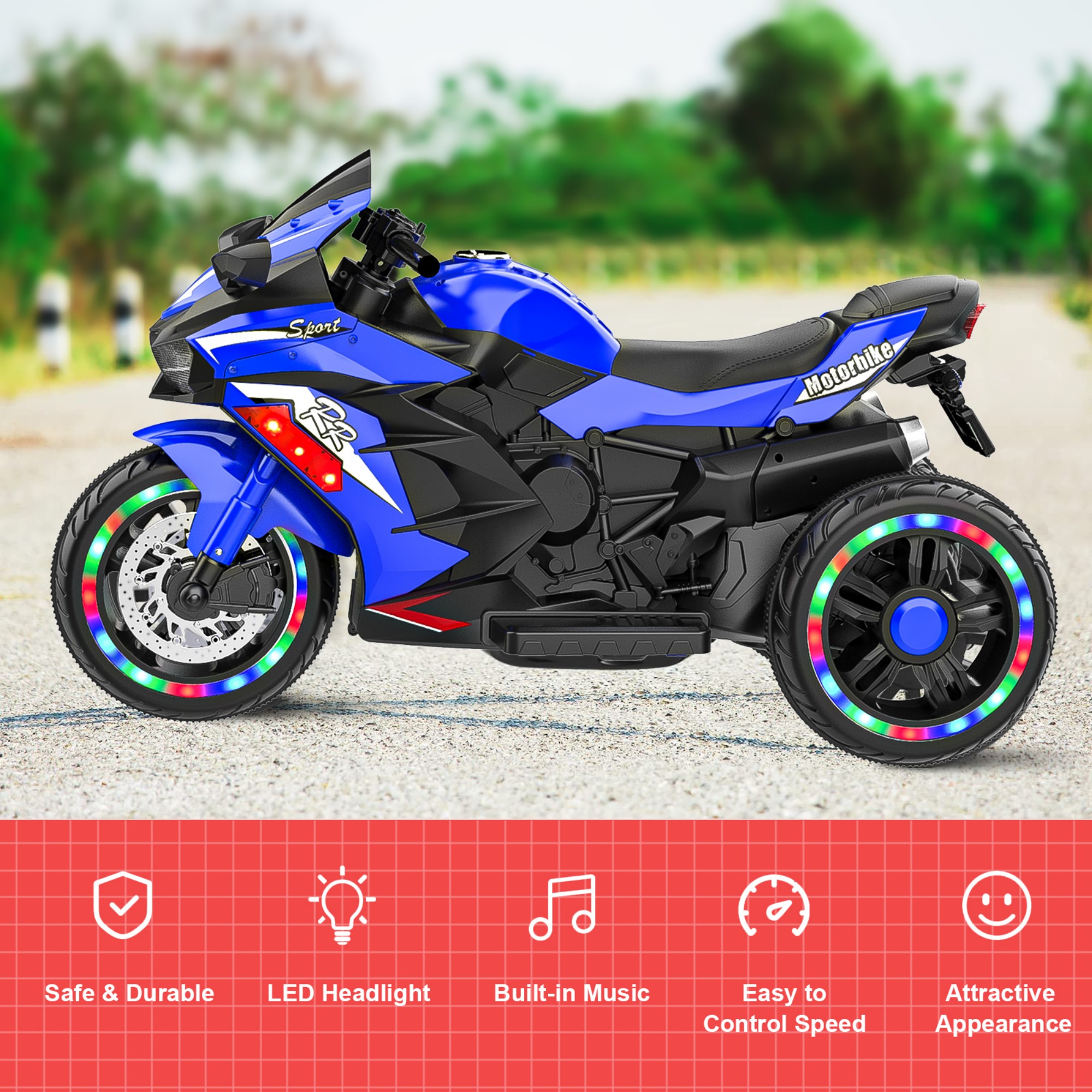 12V Electric Motorcycle for Kids 3-5 Years Old, 4 MPH Top Speed, LED Lights, Bluetooth Music, Battery Powered, Blue