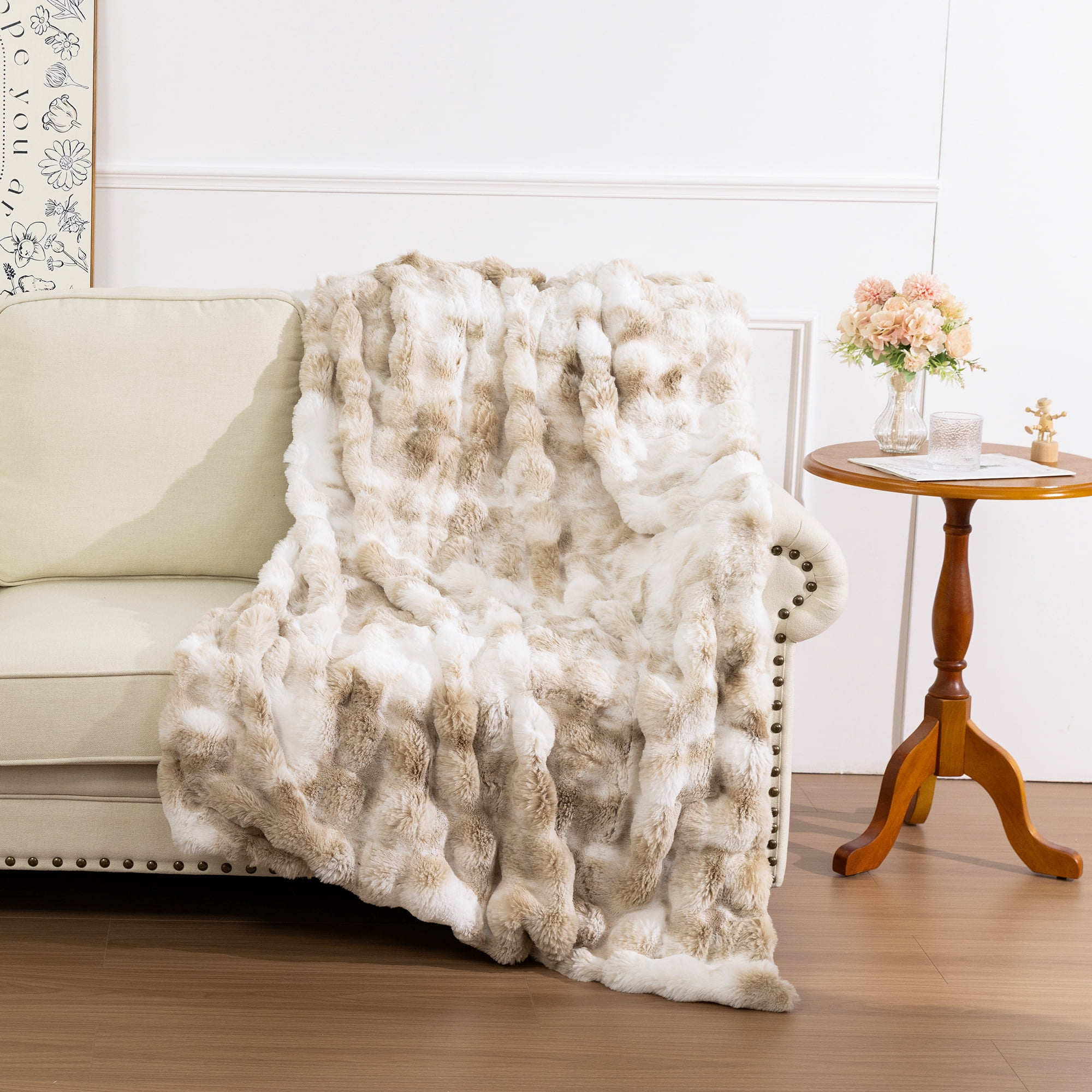 MJIAexp Faux Fur Throw Blanket for Couch, Cozy Soft Plush Thick Fuzzy Comfy Bubble Blanket and Fuzzy Plush Rabbit Fur Blanket for Sofa Bedroom Living Room, 90" x 90"-Tie-dye coffee