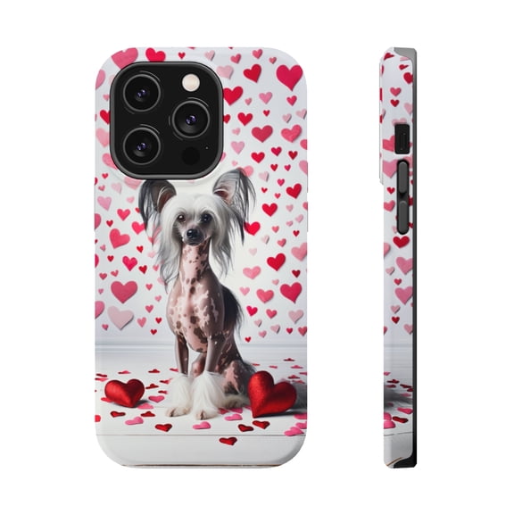 DistinctInk MagSafe Tough Case for Apple iPhone 14 Pro Max (6.7" Screen) - Valentine's Day Chinese Crested - Tempered Glass Back