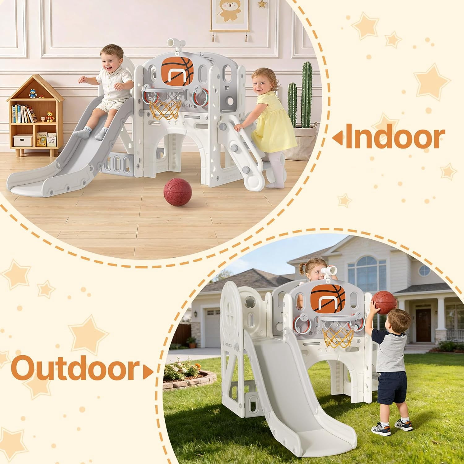 DKMOCO 9 in 1 Toddler Slide, Baby Slide for kids Age 1-3, with Basketball and Hoop, Indoor Outdoor Playset Playground Beige Gray