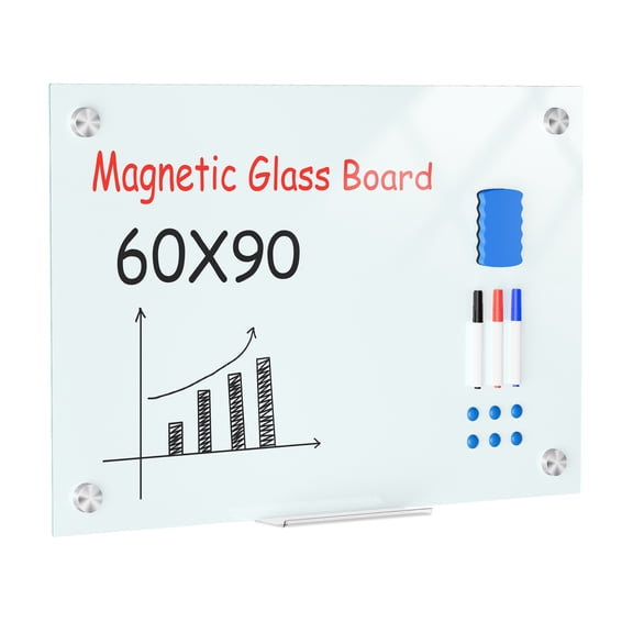 Glass Dry Erase Board with Magnets & Markers, Frameless Magnetic Whiteboard for Wall, Stain Resistant, Easy Clean, for Office, Home, Classroom
