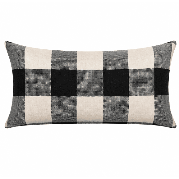 Set of 2 Buffalo Plaid Throw Pillow Covers 12x20 Inch, Faux Linen Double-Sided Black and White Checkered Lumbar Pillow Cases for Couch Sofa Bed