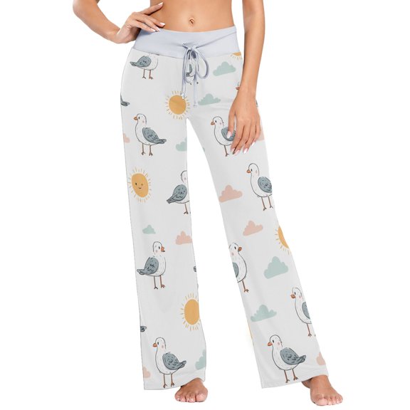 Women's Seagull Cloud Sun Comfy Stretch Wide Leg Pajama Pants, Drawstring Waist Casual Lounge Pants