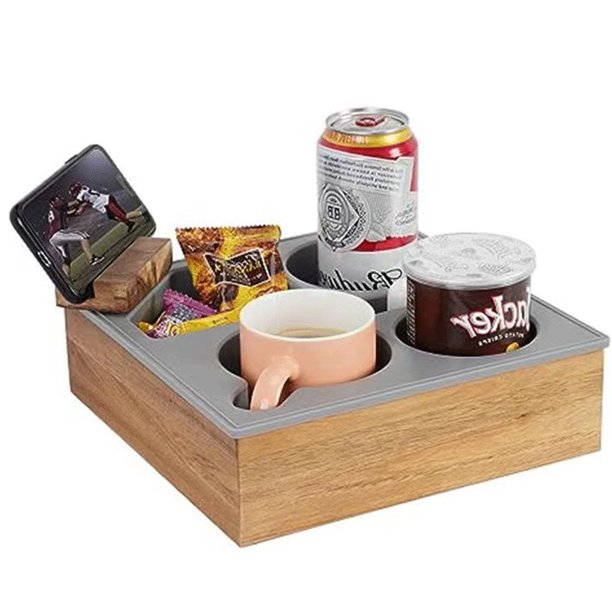 Bandeja portavasos para sofá con construcción de madera de bambú de silicona suave, resistente al agua y a los derrames, soporte giratorio extraíble de 360°, tamaño compacto para múltiples usos,