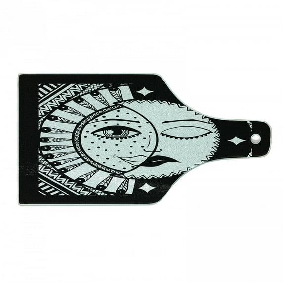 Moon Rays Cutting Board, Theme Inspired Sun and Crescent Depiction in Astrological Style, Decorative Tempered Glass Cutting and Serving Board, in 3 Sizes, by Ambesonne