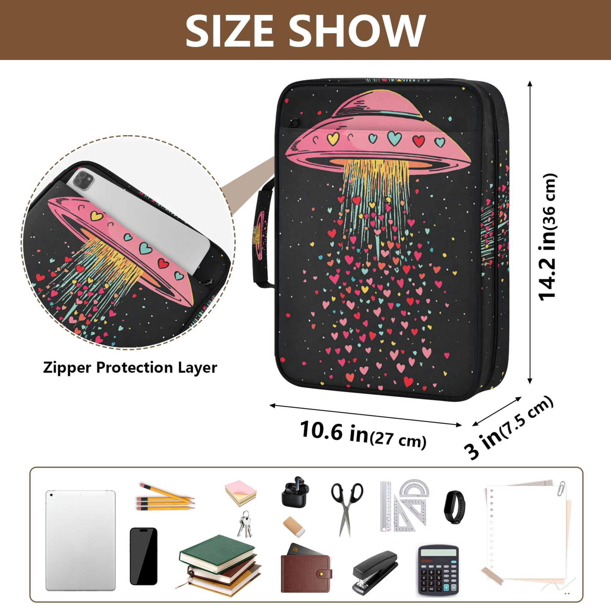 FORMRS Accordion File Folder A4 Size 7-Pocket Expanding Document Organizer Bag with 3 Ring Binder, UFO with Hearts Pattern