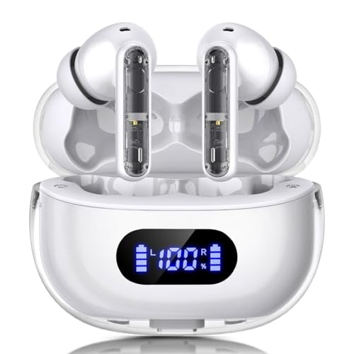 BYDTOOPCBD Auriculares inalámbricos P1 PRO, auriculares inalámbricos Bluetooth con micrófonos de llamada transparentes, ajuste cómodo, auriculares impermeables IPX7 de larga duración de batería, tiemp