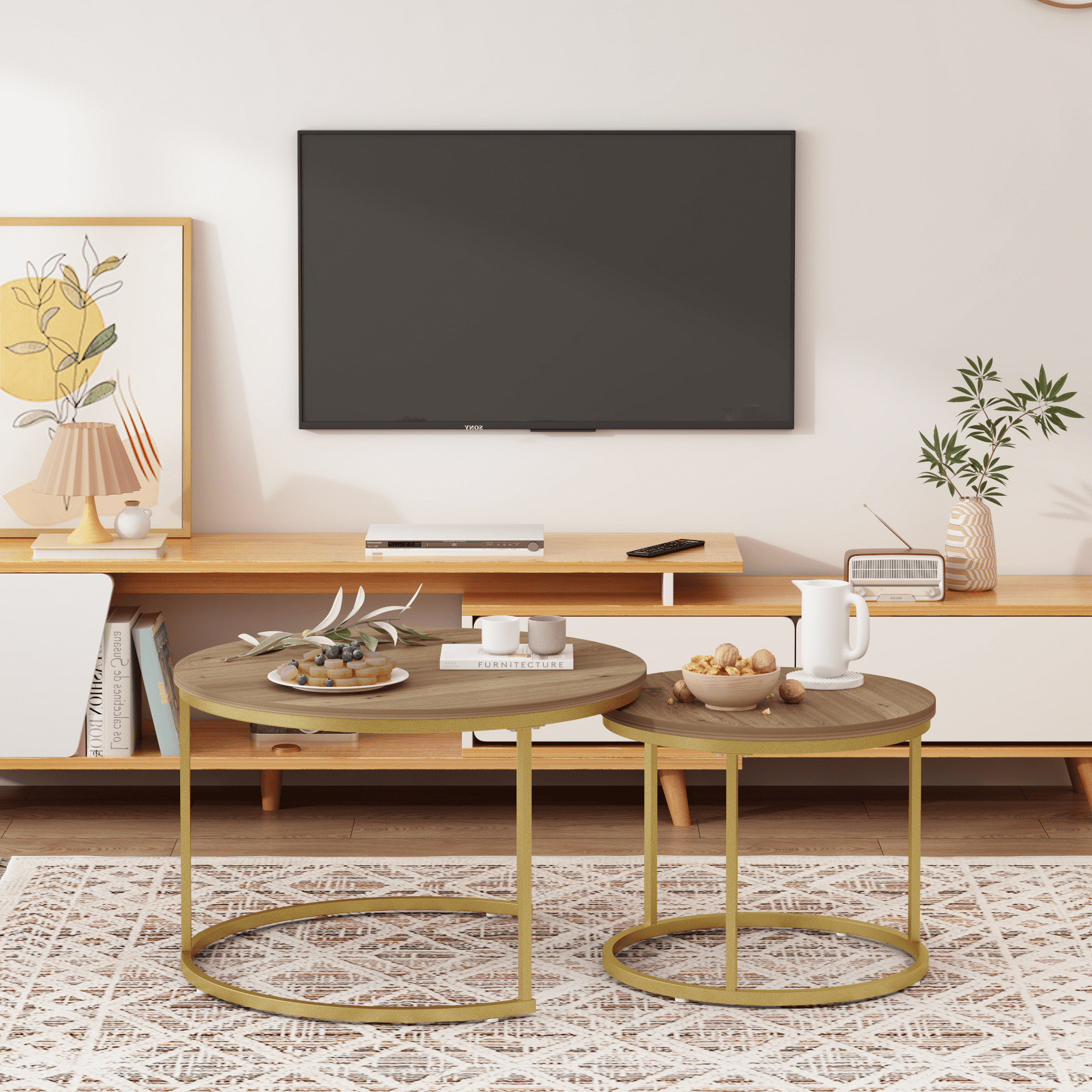 27.6in Nesting Coffee Table Set of 2, Round Coffee Table Wood Marble Pattern Top with Sturdy Metal Frame, End Table Side Tables for Living Room Bedroom Balcony Yard (Brown)