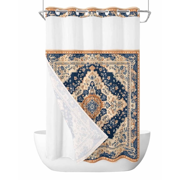 No Hook Shower Curtains with Snap in Liner, Orange Blue Southwestern Waterproof Fabric Shower Curtain, Antique Boho Farmhouse Ethnic Double Layers & See-Through Top Window Bathroom Curtains 54''x78''