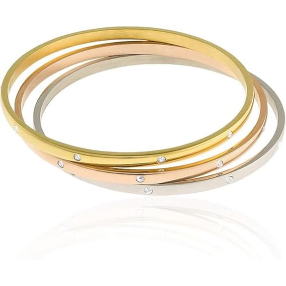 My Daily Styles Women's Tri-Color Stackable Bangle Bracelets Set, Stainless Steel with CZ Accents, 3-Piece
