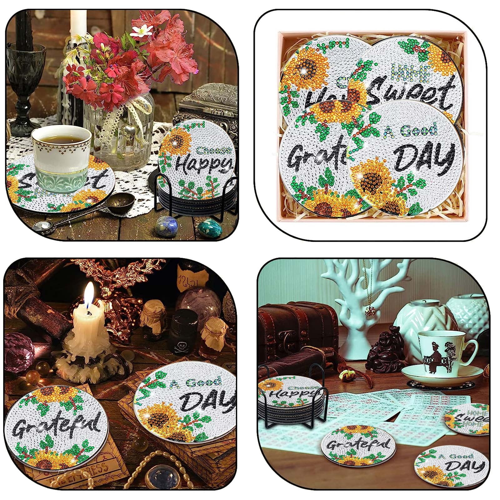 Junepar 3.9" 8Pcs Sunflower Diamond Painting Coasters Kit DIY 5D Diamond Art Cup Mat Set with Cork Backs & Tools for Adults & Kids