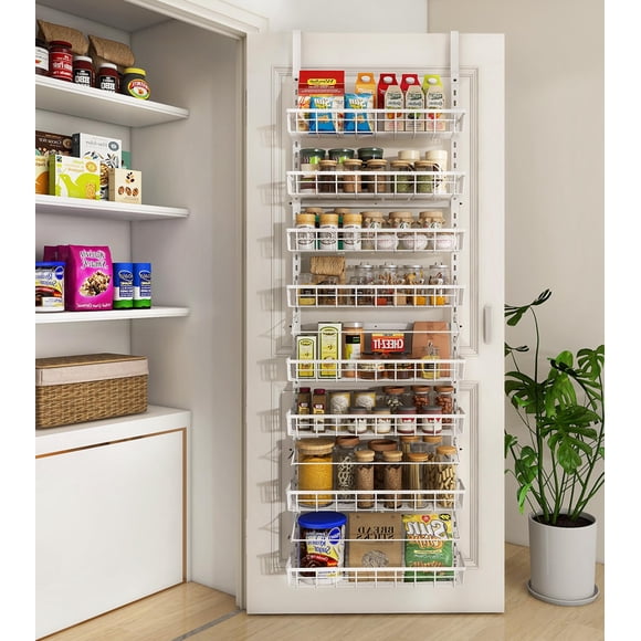 Mefirt Over The Door Pantry Organizer, Wall Mount Spice Rack, Pantry Hanging Storage and Organization, 8 Adjustable Baskets Heavy-Duty Metal for Home