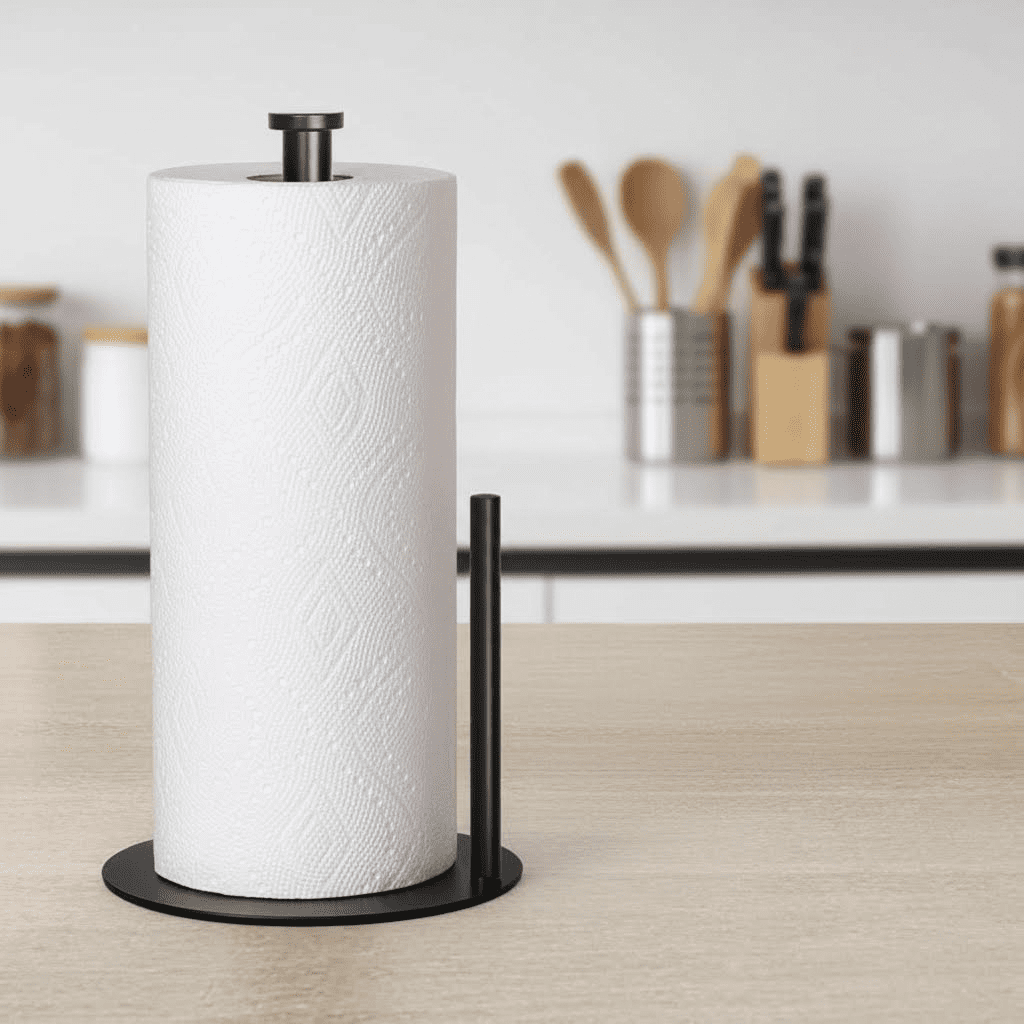 Stainless Steel Paper Towel Holder Stand for Kitchen Countertop and Bathroom Organization, Holds Standard and Large Paper Towel Rolls in Matte Black Finish
