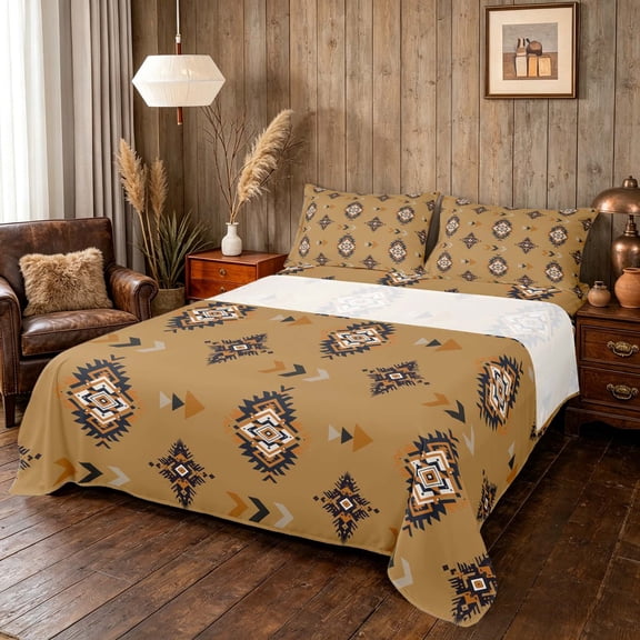 Manfei Boho Tribal Diamond Bed Sheets, Aztec Arrow Fuul Size Sheets, Brown Black Tan, Black Reversible 4-Piece1 Flat Sheet 1 Fitted Sheet 2 Pillowcases