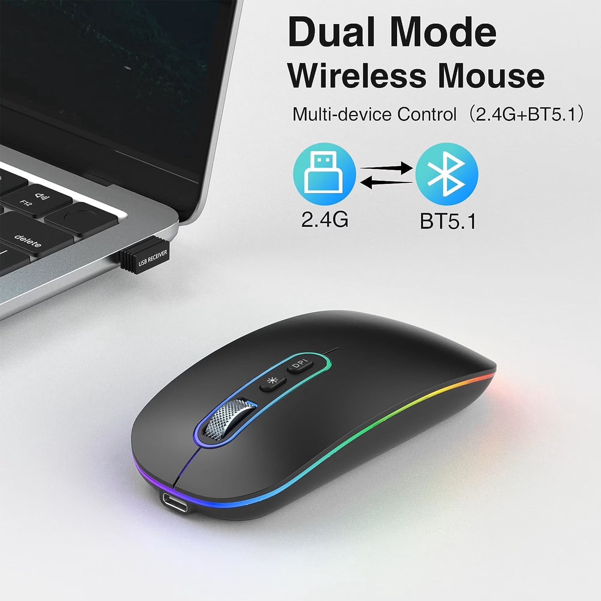 Wireless Mouse Bluetooth 5.1 2.4G Dual Mode, Rechargeable Silent Computer Mouse with 500H Battery, 3 Adjustable DPI, Slim Optical Mouse for Laptop PC Mac iPad Windows Black