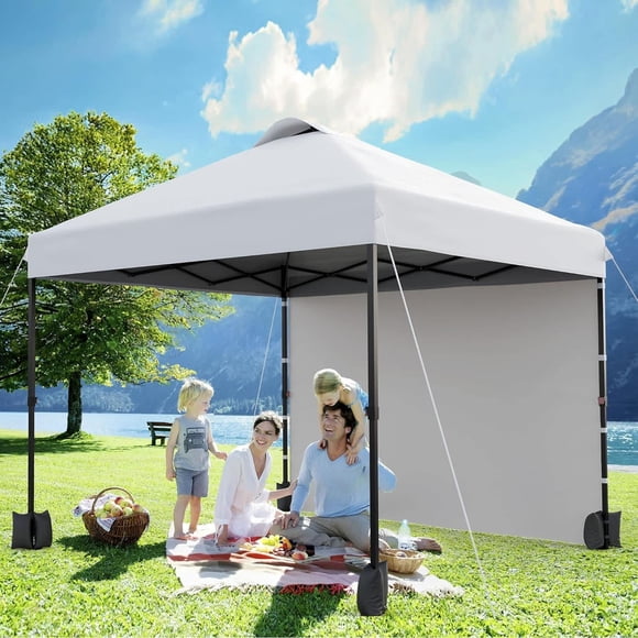 Bingirl 10x10 Pop-Up Awning Tent with 1 Removable Side Wall Wheeled Bag and 4 Weight Pockets (Black Support + White Cloth)
